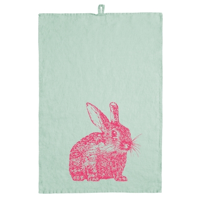 Frohstoff Leinen Geschirrtuch minze mit Wildkaninchen pink