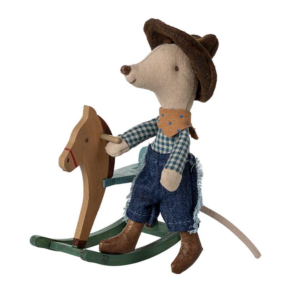 Maileg Cowboymaus auf Schaukelpferd