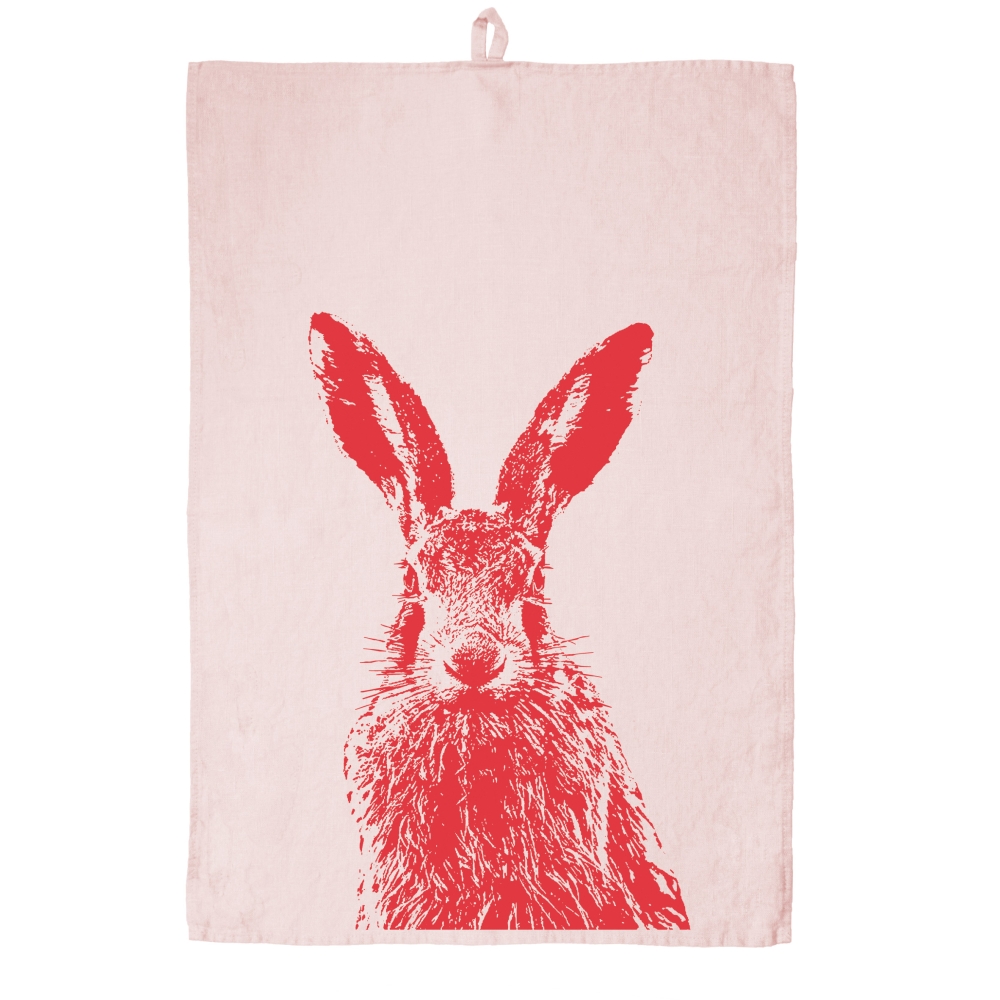 Frohstoff Leinen Geschirrtuch rosa mit Feldhase koralle