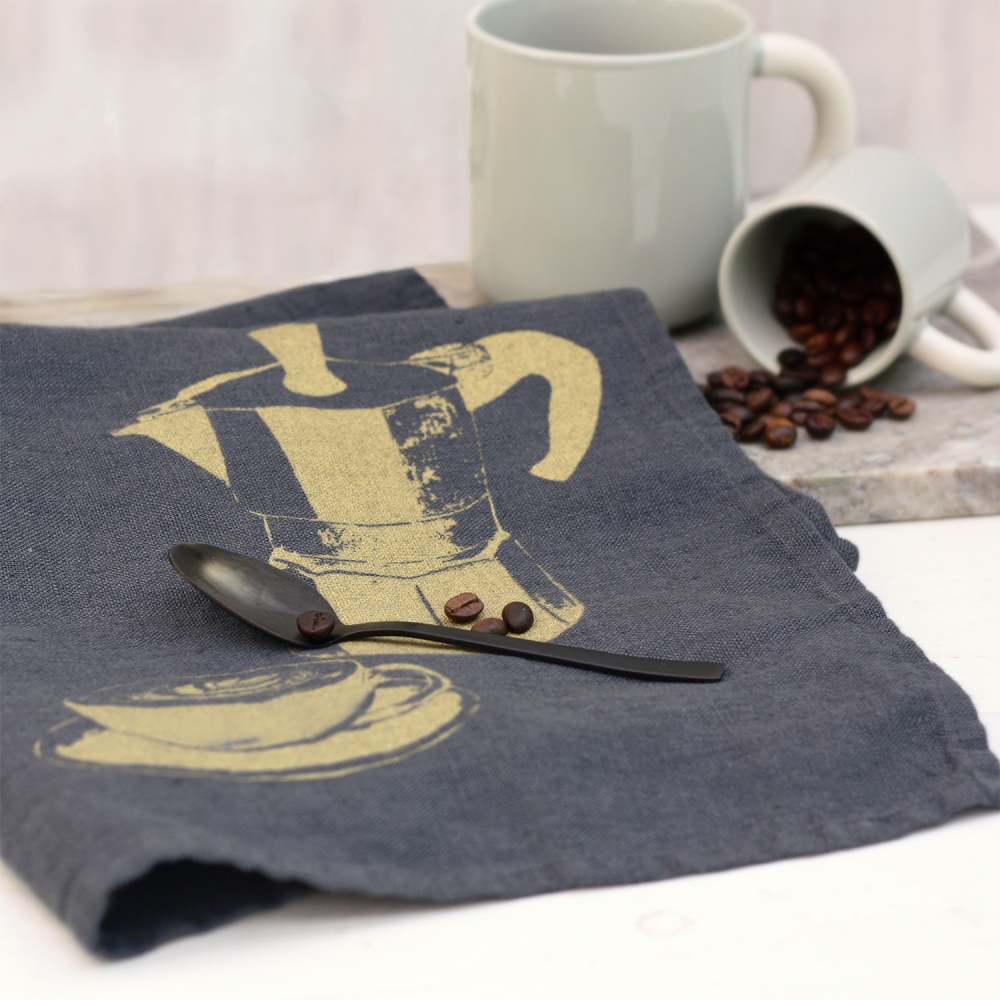 Frohstoff Leinen Geschirrtuch anthrazith mit Motiv Kaffee messing