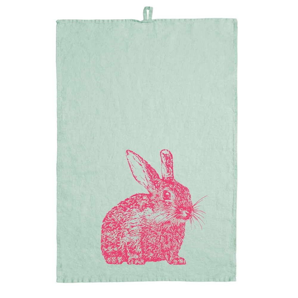 Frohstoff Leinen Geschirrtuch minze mit Wildkaninchen pink